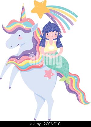 meerjungfrau auf Einhorn schießen Stern Regenbogen Cartoon Vektor Illustration Stock Vektor