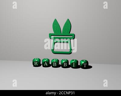 3D-Darstellung von Kaninchen mit Symbol an der Wand und Text angeordnet durch metallische kubische Buchstaben auf einem Spiegelboden für Konzept Bedeutung und Diashow-Präsentation, 3D-Illustration Stockfoto