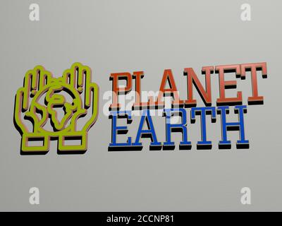 3D-Illustration von Planet Erde Grafiken und Text von metallischen Würfel Buchstaben für die damit verbundenen Bedeutungen des Konzepts und Präsentationen, 3D-Illustration gemacht Stockfoto