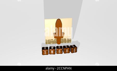 3D-Grafik-Bild des SCHWERTES vertikal zusammen mit Text von metallischen kubischen Buchstaben aus der oberen Perspektive gebaut, hervorragend für das Konzept Präsentation und Diashows, 3D-Illustration Stockfoto