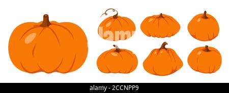 Set von Herbst Kürbis flach Symbol. Symbol Thanksgiving und Halloween. Cartoon verschiedene Form orange Kürbis. Sammeln Sie Ernte, Saison Erntegut Kapazität. Reifer Gemüsekürbis. Isolierte Vektordarstellung Stock Vektor