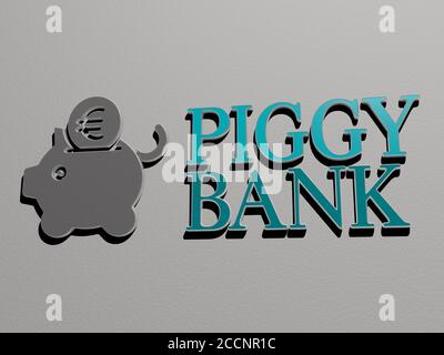 Sparschwein-Symbol und Text an der Wand, 3D-Illustration Stockfoto