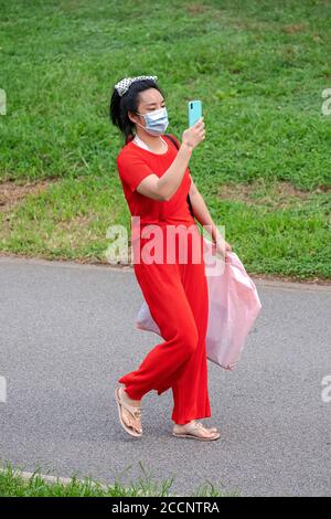 Eine Frau in einem roten Hosenanzug und einer Schleife mit Punktmuster liest ihr Handy, während sie in einem Park in Queens, New York City, spaziert. Stockfoto