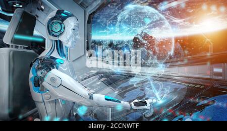 Roboter Cyborg in einem Kontrollraum fliegen eine weiße Moderne Raumschiff mit Fensteransicht auf den Weltraum und digitalem Erde-Hologramm 3D-Rendering Stockfoto