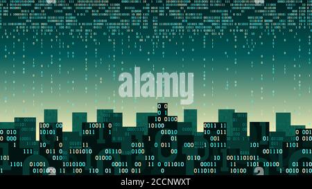 Abstract futuristische Smart City mit der künstlichen Intelligenz und Internet der Dinge, Stadt mit Cloud-Speicher verbunden, binären Fluss - Datenstrom, bi Stock Vektor