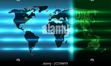 Weltkarte mit sich entwickelnden digitalen globalen Technologien der Zukunft. Karte der Erde mit Kontinenten aus einem Binärcode mit einem Hintergrund von abstraktem p Stock Vektor