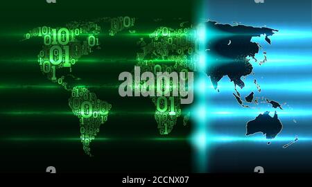 Weltkarte der Erde mit Kontinenten aus einem binären Code mit einem Hintergrund von abstrakten Leiterplatten, Elektronik. Karte mit sich entwickelnden digitalen Stock Vektor
