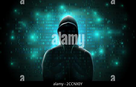 Silhouette eines Hackers auf einem Hintergrund mit binärem Code und Lichter, Hacking eines Computersystems, Diebstahl von Daten Stock Vektor
