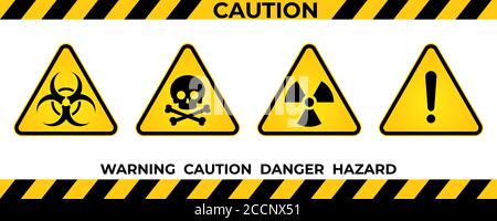 Warnblinkanlage. Schwarz gelbes Dreieck Warnhinweise und Warnhinweise. Symbol für Informationsgefährdung, Symbol. Vektorgrafik Stock Vektor