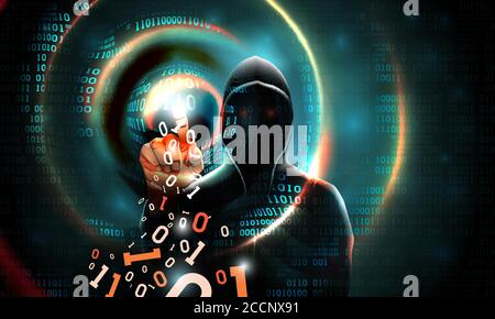Computerhacker mit einer Haube berührt den Touchscreen-Binärcode. Lichtwellen auf abstrakten binären dunklen Hintergrund Hacker Silhouette. Hacken von Computern Stock Vektor