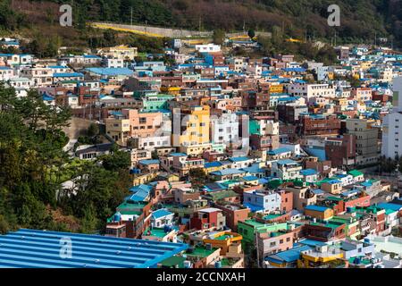 Gamcheon Kulturdorf. Bunt bemalte Häuser auf einem Hügel. Nachbarschaft durch Einwanderung nach dem Bürgerkrieg gebaut. Künstlerviertel. Busan, Korea Stockfoto