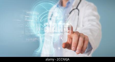 Arzt auf verschwommenem Hintergrund mit digitaler künstlicher Intelligenz Kopf Schnittstelle 3D-Rendering Stockfoto