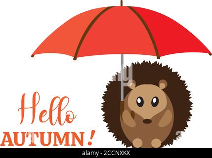 vektordarstellung des Herbstes, Herbsthintergrund mit einem Igel, der einen Regenschirm hält. Stock Vektor