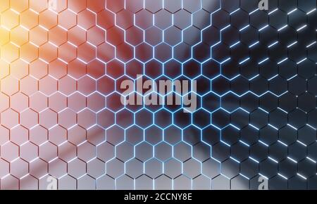 Leuchtendes schwarz blau und orange Sechsecke Hintergrund Muster auf Silber Metall Oberfläche 3D-Rendering Stockfoto