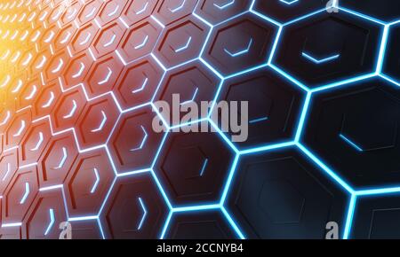 Leuchtendes schwarz blau und orange Sechsecke Hintergrund Muster auf Silber Metall Oberfläche 3D-Rendering Stockfoto