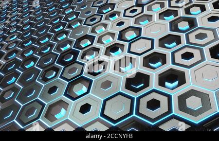 Leuchtendes schwarz-blaues Hexagons-Hintergrundmuster auf silbernem Metall 3D-Oberflächenrendering Stockfoto