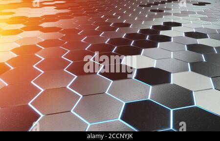 Leuchtendes schwarz blau und orange Sechsecke Hintergrund Muster auf Silber Metall Oberfläche 3D-Rendering Stockfoto