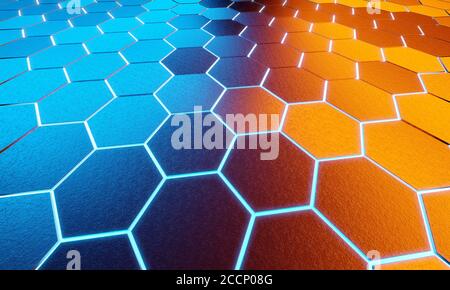 Leuchtendes schwarz blau und orange Sechsecke Hintergrund Muster auf Silber Metall Oberfläche 3D-Rendering Stockfoto