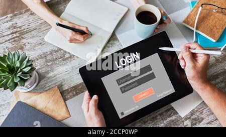 Zugriffsfenster. Geben Sie Login und Passwort ein. Cyberschutz. Datenschutz. Internet und Technologie Konzept Stockfoto