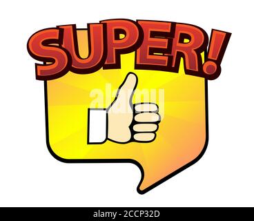 Comic Lettering Super. Comic Sprechblase mit emotionalem Text Super. Helle dynamische Cartoon-Illustration im Retro-Pop-Art-Stil auf weiß isoliert Stockfoto