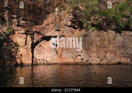 Gruppe junger Leute, die Spaß haben, schwimmen an einem Wasserloch. Vertikale Felswand. Nachmittag Sonnenuntergang, goldene Stunde. Florence Falls, Litchfield, Australien Stockfoto