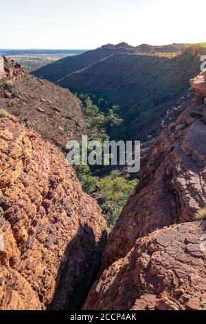 Vertikales Bild des Kings Canyon. Hügel, senkrechte Wände und Vegetation. Sonnenuntergang, Sonne scheint hinter den Bergen. Watarrka, Australien Stockfoto