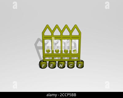 FENCE 3D-Symbol über kubischen Buchstaben, 3D-Illustration Stockfoto