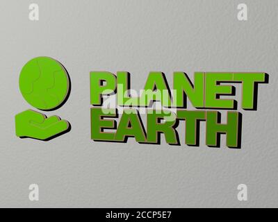 Planet Erde Symbol und Text an der Wand, 3D-Illustration Stockfoto