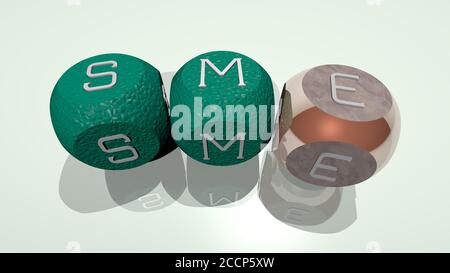 Kreuzworträtsel von sme angeordnet durch kubische Buchstaben auf einem Spiegelboden, Konzept Bedeutung und Präsentation, 3D-Illustration Stockfoto