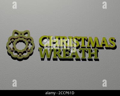 weihnachtskranz Symbol und Text an der Wand, 3D-Illustration Stockfoto