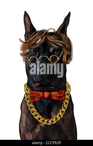 Hipster schwarz Thai Ridgeback Hund, tragen große goldene Halskette, rote Schleife, Brillen und coole Frisur isoliert auf weißem Hintergrund. Digitale Malerei Stockfoto