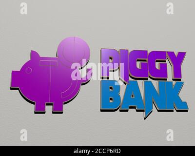 3D-Illustration von PIGGY BANK Grafiken und Text von metallischen Würfel Buchstaben für die damit verbundenen Bedeutungen des Konzepts und Präsentationen, 3D-Illustration Stockfoto