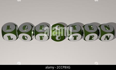 Kreuzworträtsel der lofoten, angeordnet durch kubische Buchstaben auf einem Spiegelboden, Konzept Bedeutung und Präsentation, 3D-Illustration Stockfoto