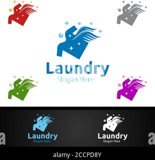 Fast Laundry Dry Cleaners Logo mit Kleidung, Wasser und Waschen Konzept Design Stock Vektor