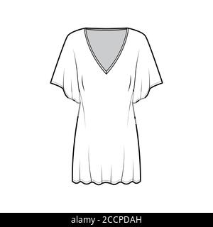 Kaftan Kleid technische Mode-Illustration mit tiefem V-Ausschnitt, Fledermaus Ellenbogen Ärmel, über-die-Knie-Länge, überdimensioniert. Flache Bekleidungsvorlage vorne weiß Farbe. Damen Herren Unisex TOP CAD Mockup Stock Vektor