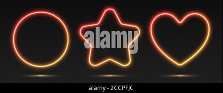 Neon Gradienten Rahmen Set, Sammlung von rot-gelb leuchtenden Grenzen. Hell beleuchtete Formen. Stock Vektor