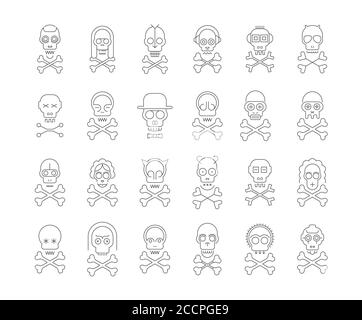 Dünne graue Linie Kunst Silhouetten isoliert auf einem weißen Hintergrund Skull und Crossbones Vektor-Icon-Set. Großes Bündel von einzigartigen Design-Elementen, jedes Symbol Stock Vektor