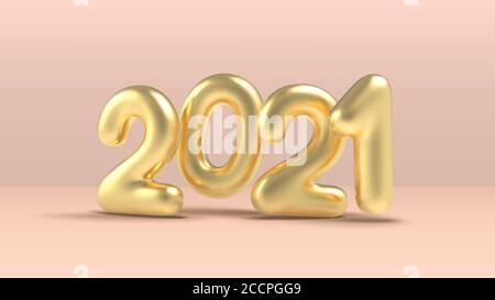 Frohes neues Jahr, 3D realistische goldene Aufschrift Ballon 2021 auf rosa Hintergrund. Golden Metallic Text Neujahr für Banner-Design. Vektorgrafik Stock Vektor