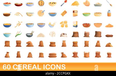 Set mit 60 Müslisymbolen. Cartoon Illustration von 60 Getreide Symbole Vektor-Set isoliert auf weißem Hintergrund Stock Vektor
