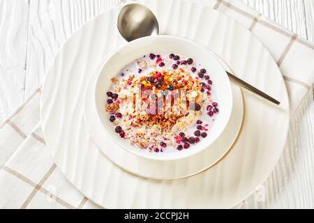 Hafergranola mit getrockneten Himbeeren, Heidelbeeren und Nüssen mit Milch und gekrönt mit Honig in einer weißen Schüssel auf einem Holztisch, Landschaftsansicht von oben, Stockfoto