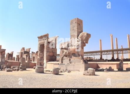 Alte Spalte mit Stein Statue von Stier in Persepolis - Hauptstadt des achämenidischen Reichs, in der Nähe von Shiraz, Provinz Fars, Iran. UNESCO-Welterbe Stockfoto