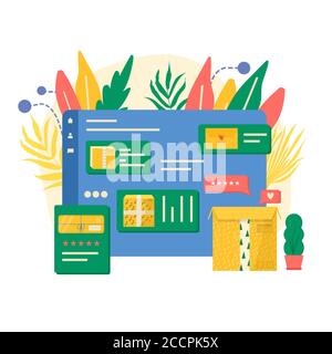 Vorlage für Online-Lieferdienstkonzept mit Kartonverpackungen und Liefersymbolen. Webseite mit Postpaketen, Packungen, Schachteln, Briefen, Umschlägen. Stock Vektor