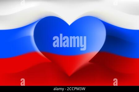 Russland mit Liebe. Russische Nationalflagge mit herzförmigen Wellen. Hintergrund in den Farben der russischen Flagge. Herzform, Vektorgrafik Stock Vektor