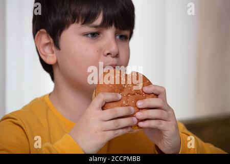 Nette gesunde Vorschule Kind Junge isst Hamburger sitzen in der Schule oder Kindergarten Café. Stockfoto