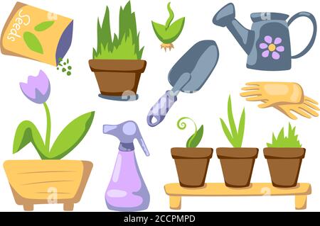 Home Gardening Set mit Plats in Töpfen. Frühling Gartenarbeit Vektor Cliparts auf weißem Hintergrund. Garten Hobby Icon Set oder Sticker Pack. Haus Blume im Topf, Stock Vektor