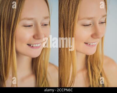 Vergleich der weiblichen Augen vor und nach Eyelash Extension Stockfoto
