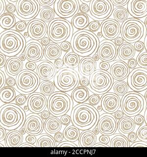Abstraktes Nahtloses Muster mit 3d golden glitzernder Acrylfarbe runde Spiralkreise auf weißem Hintergrund. Handgezeichnete Glitzer Spiralen endlose Textur Stockfoto