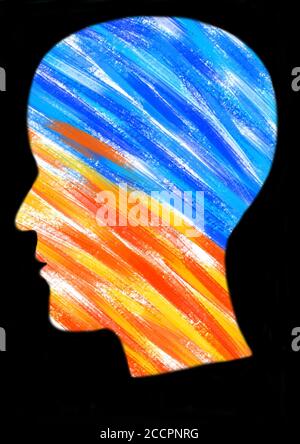 Blau und Orange Kreative digitale Illustration eines menschlichen Kopfes im Profil: Konzept des Geistes, geistige Gesundheit und Denken Stockfoto