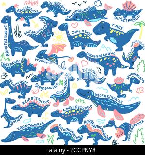 Niedlicher Dinosaurier-Doodle mit Artenname. Vektorgrafik auf weißem Hintergrund. Kinderposter mit Dinosaurier-Charakter. Prähistorische Tier Aufkleber i Stock Vektor