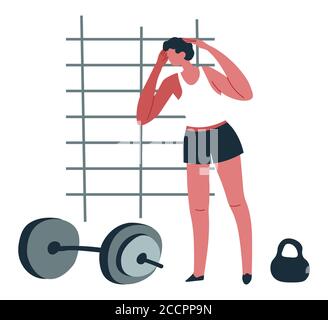 Mann beim Training im Fitnessstudio, männliches Charaktertraining Stock Vektor